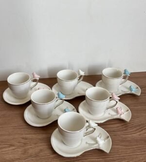 CJ XICARA CAFE 06 PCS COM PIRES CUTE BIRDS PLATE 90ML PORCELANA WOLFF 18124