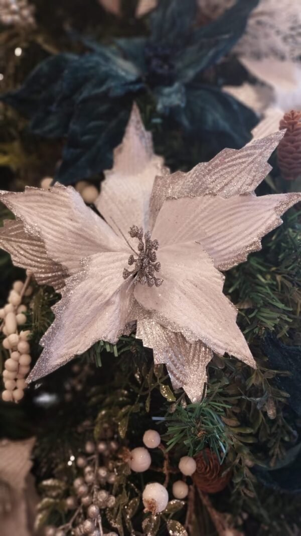 HASTE POINSETIA VELUDO BRANCA C/ GLITTER 37X24CM CASA NATALE CF0669